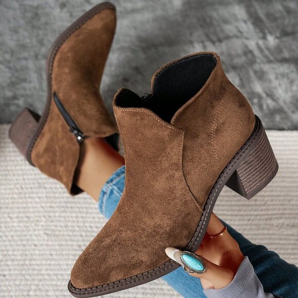 Brown Vegan suede Autumn Almond Toe bootie - Picture 5 of 6